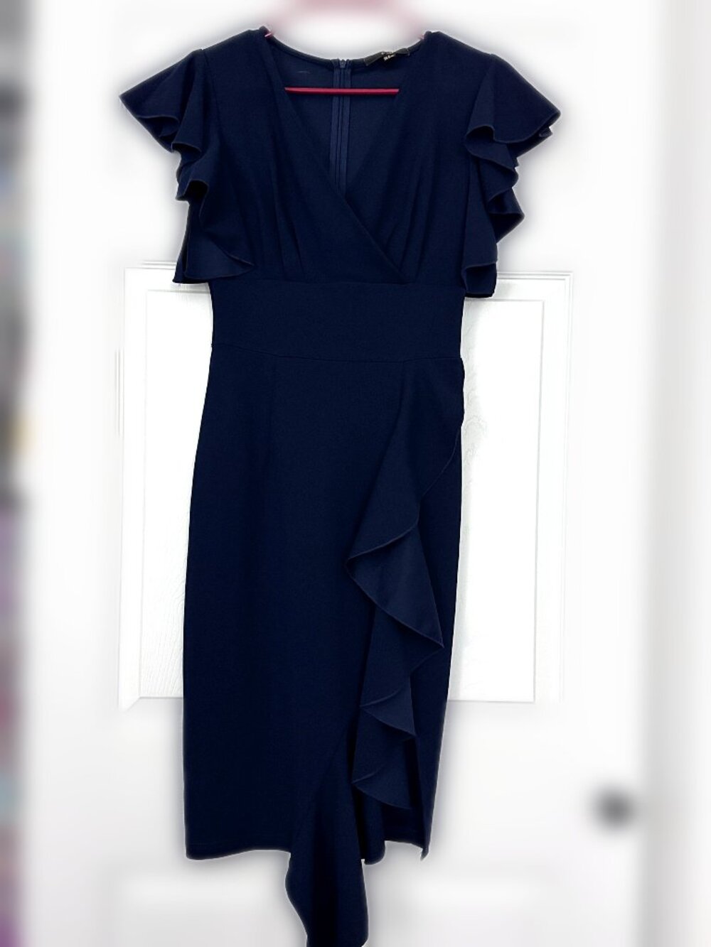 Knitee Navy Ruffle Wrap Cocktail